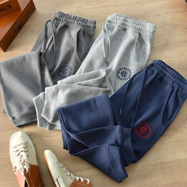 

men's pants autumn american simple terry embroidery sweatpants men's fashion pure cotton loose elastic waist drawstring sport casu, Black