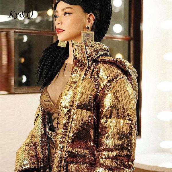 

women s down parkas luxury brand gold sequined hooded straight tube overcoat fashion cotton jacket for men and women runway party coat 22120, Black