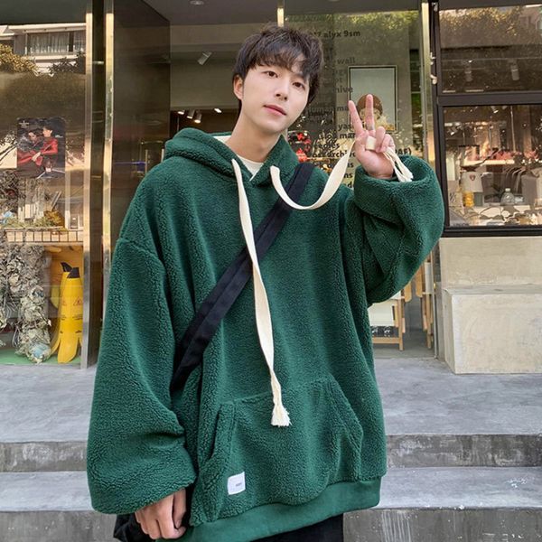 

men's hoodies sweatshirts syuhgfa lamb wool hoodies for men winter thickened fashion korean clothing brand solid color male loose sweat, Black