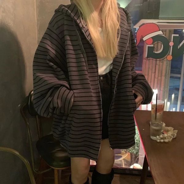

women s hoodies sweatshirts harajuku vintage striped zip up women autumn spring long sleeve oversized sweatshirt korean grunge emo alt stree, Black