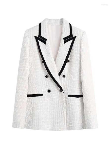 

women's jackets women fashion with contrast piping tweed blazer coat vintage long sleeve pockets female outerwear chic veste femme, Black;brown