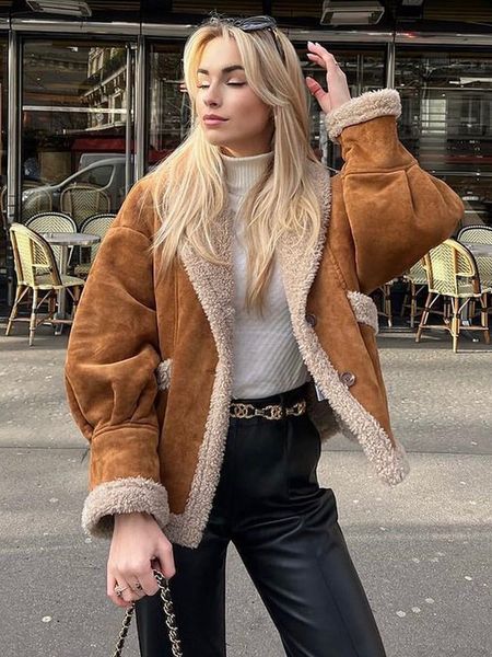 

women's leather faux kbat women winter shearling sheepskin fake jackets lady thick warm suede lambs short motorcycle brown coats 221206, Black