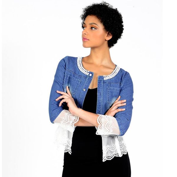 

women's leather faux sx jeans jacket women elegant feminino slim lace patchwork beading vintage blue denim coat 221206, Black