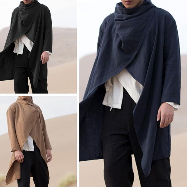 

men s jackets coats long sleeve scarf collar trench ponchos cotton outwear solid cloak vintage irregular streetwear 221205, Black;brown