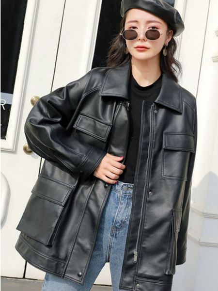 

women's leather faux fmfssom spring autumn four big pocket chic loose design biker bf vintage women lady pu jacket moto 221206, Black