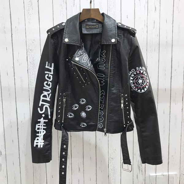 

women's leather faux fmfssom spring women jacket turn-down collar letter print epaulet rivet zipper lady letter vintage biker outerwear, Black
