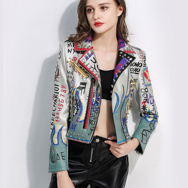 

women's leather faux dj punk jackets for women floral and eagle embroidered moto pu jacket coat with rivets 221206, Black