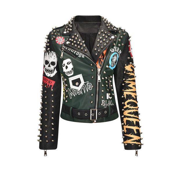 

women's leather faux spring skull pattern graffiti short jackets for punk women rivet slim streetwear motorcycle coat 221206, Black