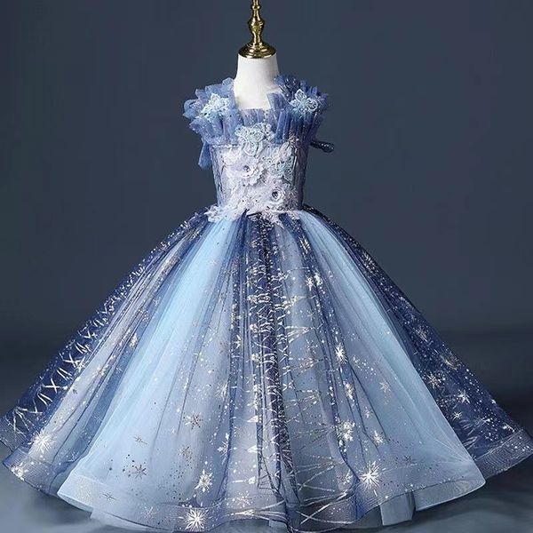 

blue lovely flower girls dresses dubai style daughter toddler pretty kids pageant formal first holy communion gown for country garden church, White;blue