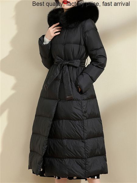 

women's down parkas quality luxury brand winter 2023 feathered fur collar midlength hooded waist jacket goose warm thick 221205, Black