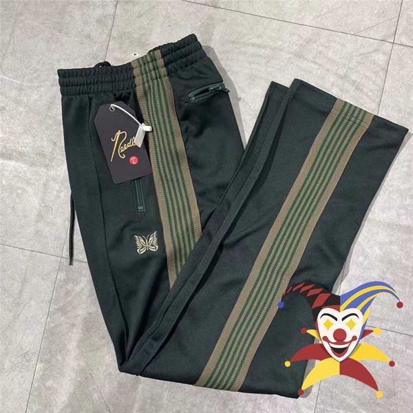 

men's pants blackish green awge needles pants men women embroidered butterfly needles track pants classic stripe trousers t221205, Black