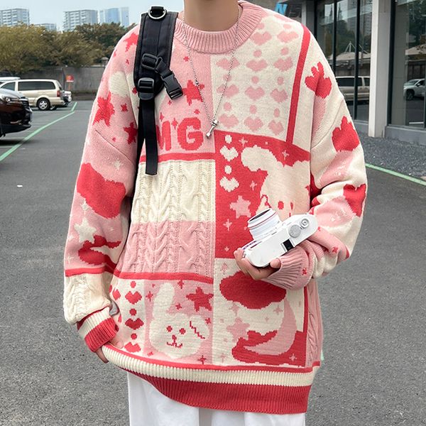 

men's sweaters zazomde cartoon knit autumn winter loose fashion pullover men casual hip hop couple knitted patchwork 221206, White;black