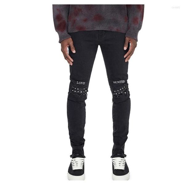 

men's jeans stud punk vintageblack skinny fashion casual style, Blue