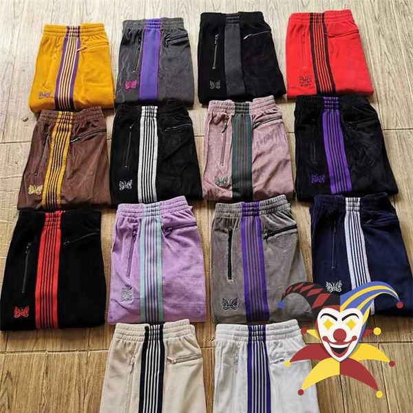 

men's pants multicolor stripe needles pants men women 1 1 classic embroidered butterfly awge needles track pants t221205, Black