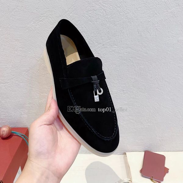 

loro piana summer charms walk loafers casual shoes mens womens round toe loafers mental decor chic designer luxury brand flats slip on thick, Black