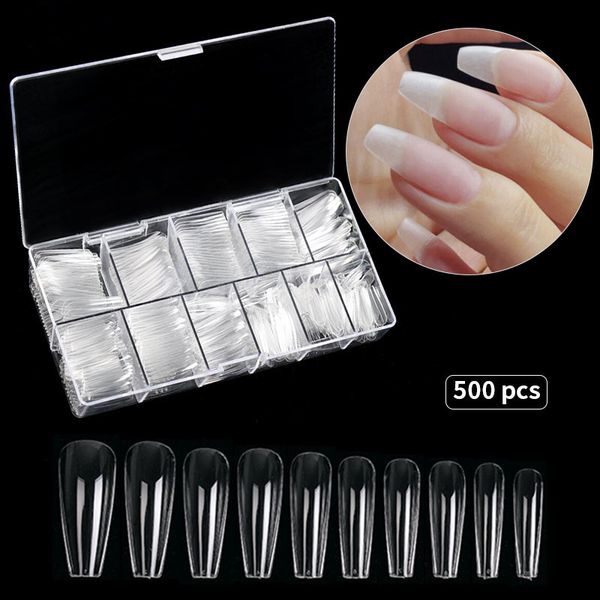 

nail practice display 500pc long coffin fale ballerina tip full cover acrylic clear for gel 221206