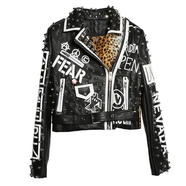 

women's leather faux autumn fashion rivet motorcycle jacket for women punk style leopard letters printing rock biker streetwear 221206, Black