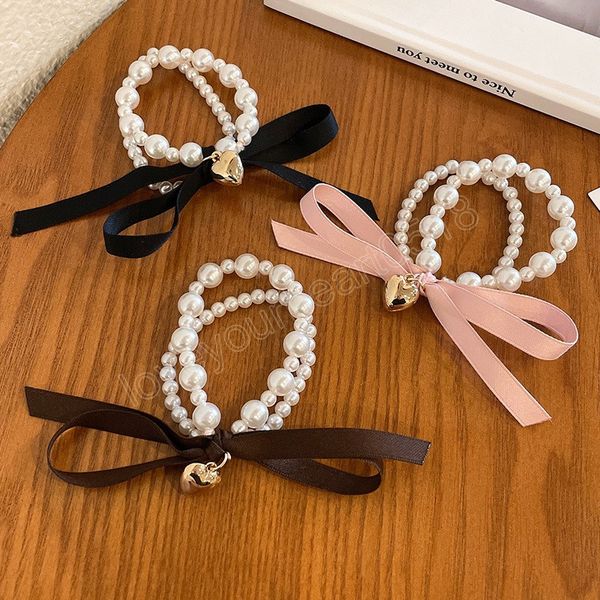 

women elegant bow hair band pearl elastic rubber bands ponytail holde scrunchie girl hair accessories ornaments gift, Pink
