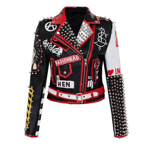 

women's leather faux dj costume short jacket women punk style graffiti studded rivet and chain fashion high waist motor jackets 221206, Black