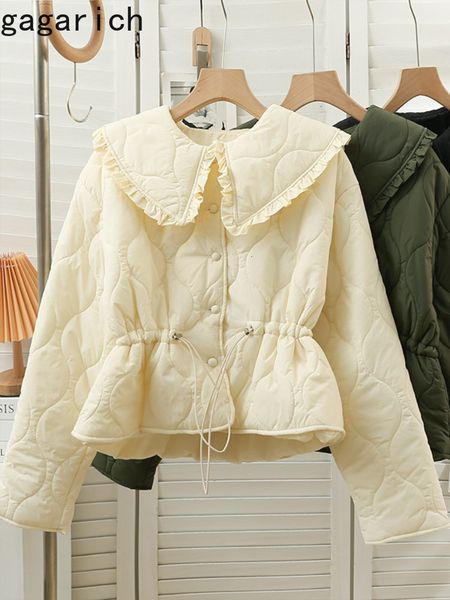 

women s down parkas gagarich winter wooden ear edge doll neck thin warm jacket women drawstring pleated high waist short slim 221205, Black