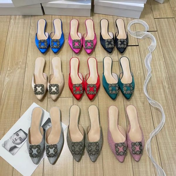 

women's diamond slippers silk new designer shoes fashion flat heel beach shoes spring summer pointed baotou sheepskin non-slip sole seq, Black