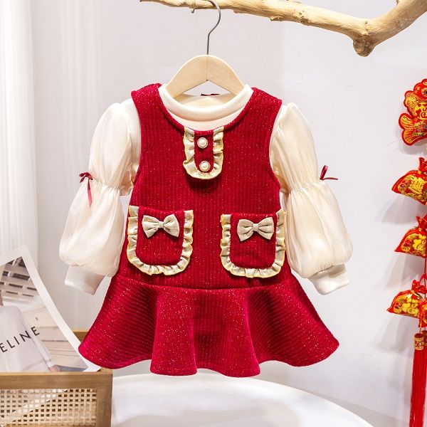 

chinese-style chinese winter celebration new year girl pure red velvet thickened warm fashion cute princess dress baby wind lolita, Red;yellow