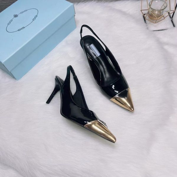 

High Heel Designer Shoes Women Slingback Pumps Sandals Lady Platform Dress Shoes Pointed Toes Gold Triangle Logo Metal Letter Patent Leather Black White Back Straps