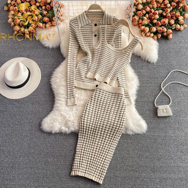 

two piece dress women 3 set autumn korean style temperament fashion suit plaid knitted cardigan bottoming camisole skirt 221206, White