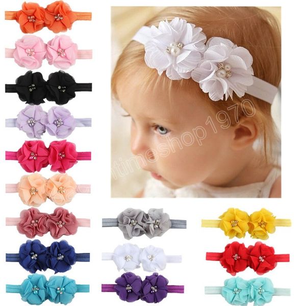 

hand sewing rhinestone beads floral headband solid color chiffon flower elastic infant hairband kid headwear p props, Slivery;white