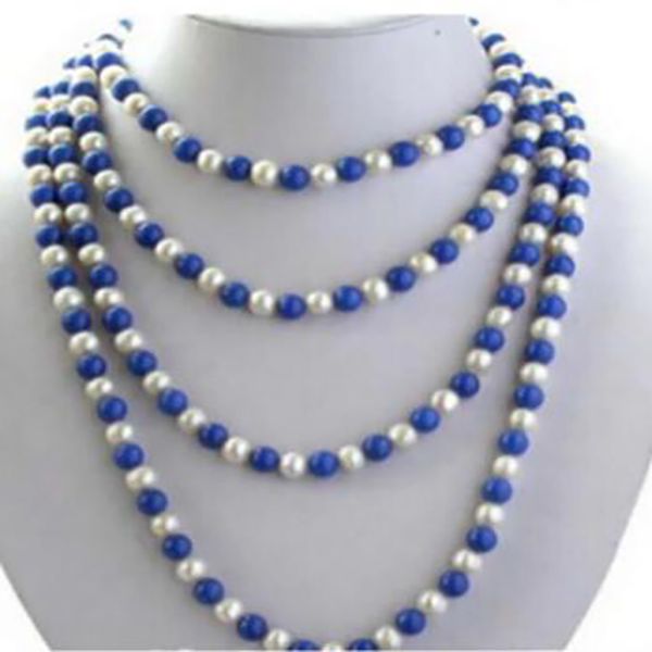 

beautiful 80" blue lapis lazuli white round freshwater pearl necklace, Silver