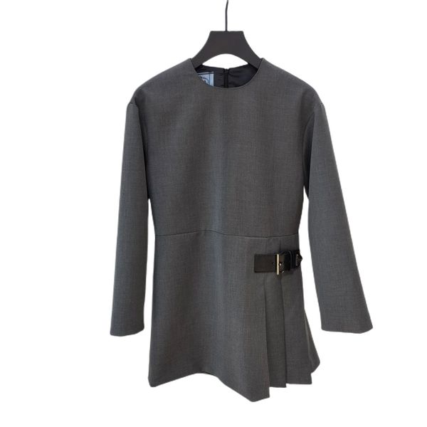 

new long sleeve round neck classic buckle series casual dress, Black;gray