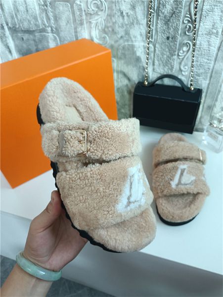

designer luxury paseo flat comfort mule logo shearling fur slide sandal with box, Black