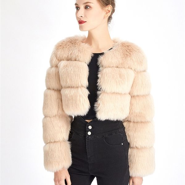 

women's fur faux leather zadorin fashion women crop coat winter thick fluffy long sleeve short style slim ry 221205, Black