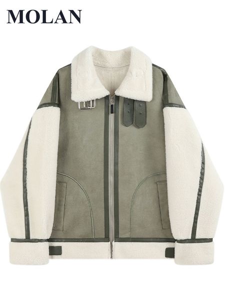 

women's leather faux molan winter woman warm overcoat patchwork fashion loose long sleeve locomotive coat zipper female chic outwear 22, Black