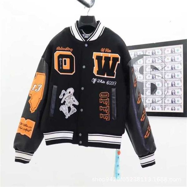 

offs spring and autumn jacket new ow skull decal coat wool tweed spliced leather sleeves heavy industry embroidery baseball jacket wholesale, Black;brown