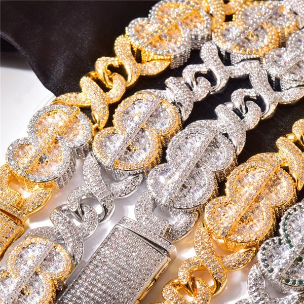

18/20/22/24inch gold silver plated bling cz dollar sign cuban chain necklacelinks rapper street jewelry for men women