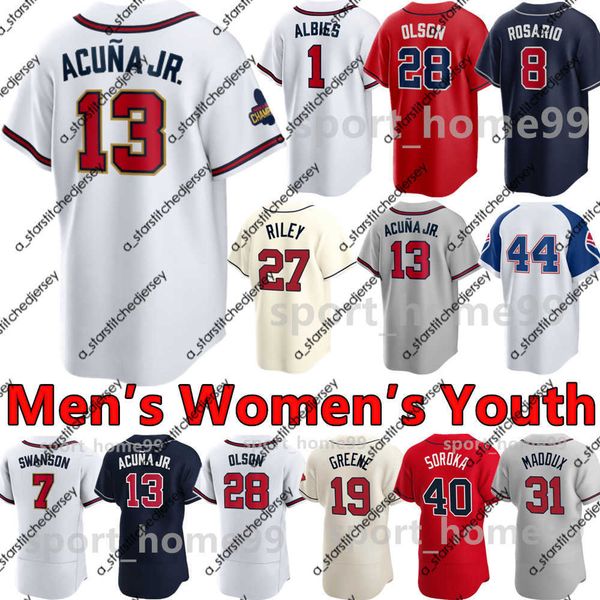 

baseball jerseys 2022 custom 13 ronald acuna jr. 7 dansby swanson jersey 27 austin riley 28 matt olson eddie rosario marcell ozuna ozzie alb, Blue;black