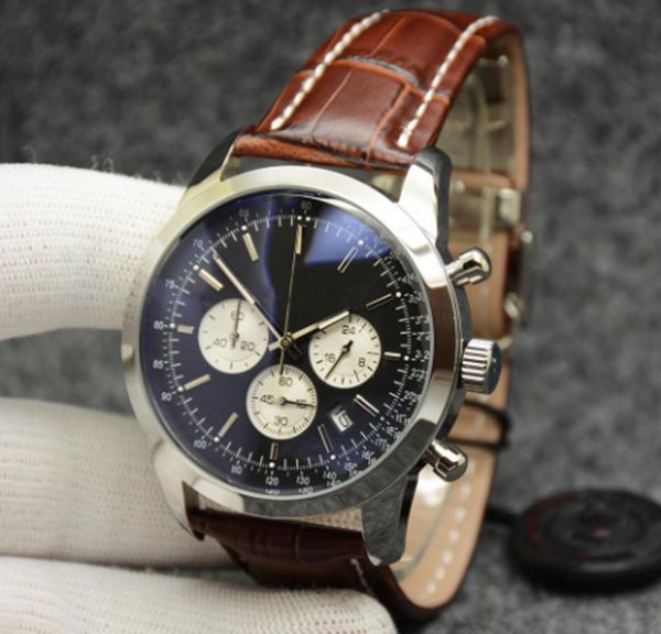 

44mm chronomat transocean quality watch chronograph quartz movement black dial 50th anniversary men watch leather strap mens wristwatches lu, Slivery;brown