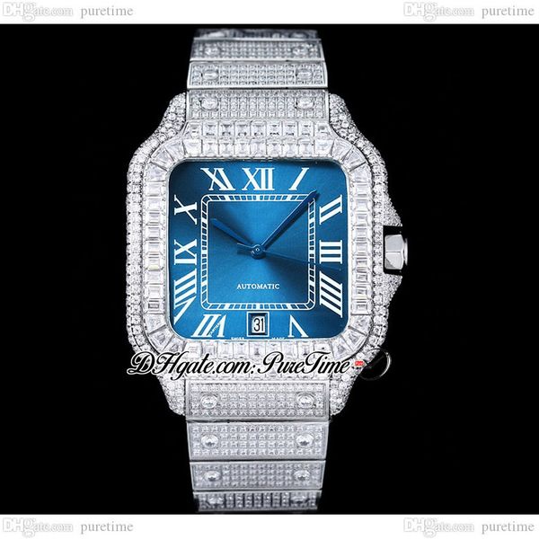 

zyf m8215 paved diamonds automatic mens watch xl 40mm miyota blue dial black roman fully iced out rectangle diamond case and bracelet super, Slivery;brown