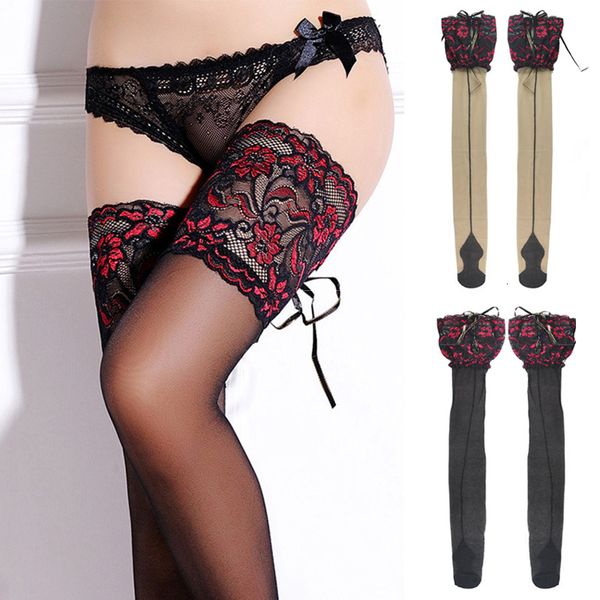 

socks hosiery women fishnet stockings heel back seam ladies wide lace flower silicone bandage thigh high 221205, Black;white