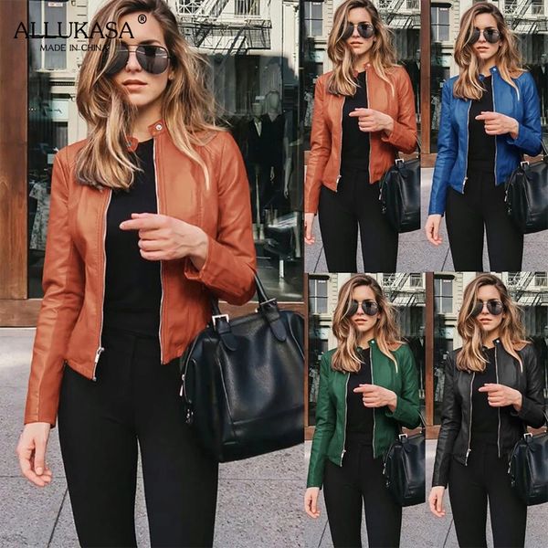 

women's leather faux ladies pu leather jacket solid color zipper self-cultivation lapel punk short motorcycle jacketspring and autumn f, Black