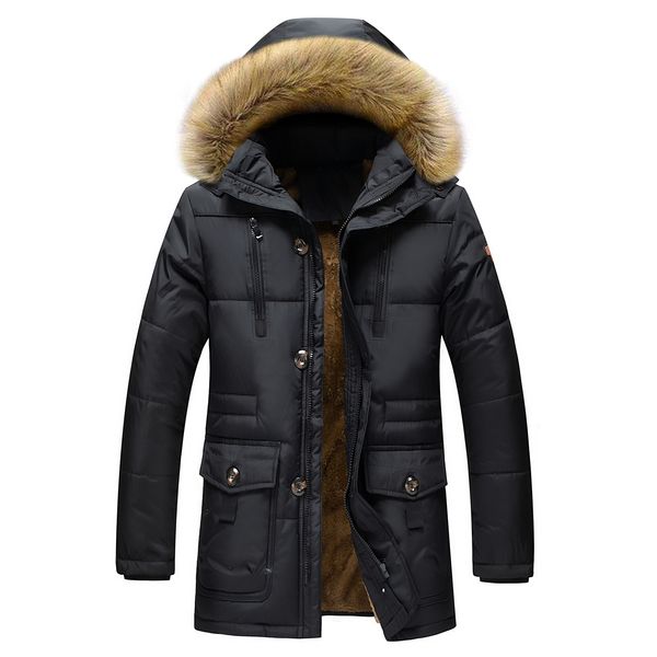 

mens down parkas winter fleece long jacket men plus size 5xl cotton padded warm coat casual faux fur hooded male windbreaker jackets 221205, Black