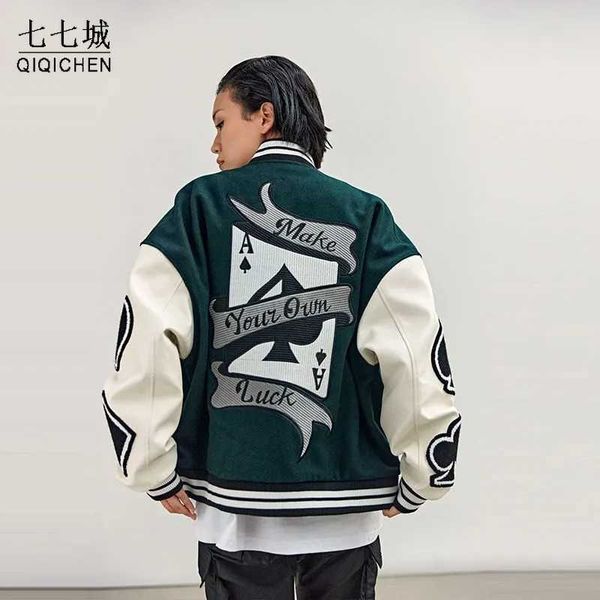 

men's jackets playing card embroidery varsity jacket men spring autumn hip hop streetwear college baseball jackets harajuku bomber coat, Black;brown