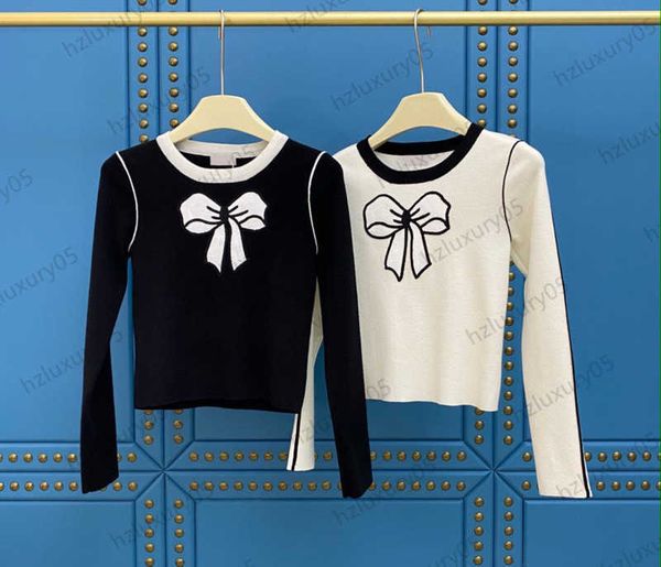 

womens sweater chest bow tie ornament crew-neck pullovers warm knitted sweaters contrasting color stripe decoration long sleeve slim knitwea, White;black