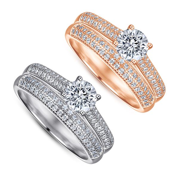 

wedding accessories pure silver engagement rings 2pcs/set fadeless single round diamond birdal ring proposal ring no fading tl-044, White