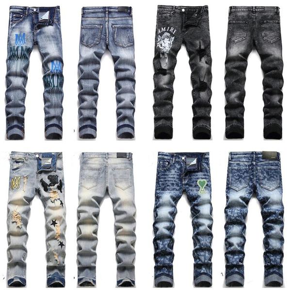 

23ss men's jeans european american high street fashion brand men designer jeans motorcycle denim mens jean, Blue