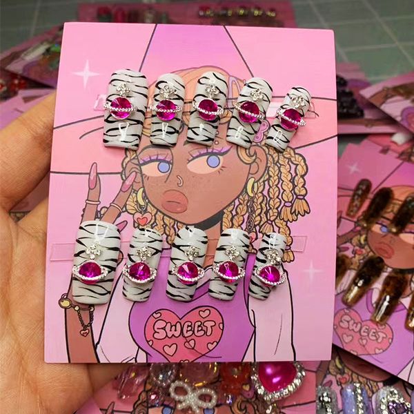 

nail practice display hand painted zebra false nails with designs acrylic fake y2k press on medium length korean glue 221206