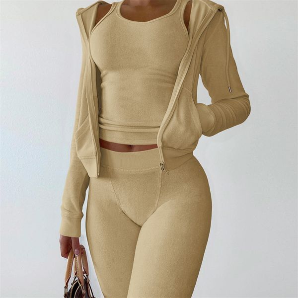 

womens two piece pants velvet 3 jogger sets women solid croppped tank long sleeve zipup hooded jackets pockets leggings tracksuit 221206, White