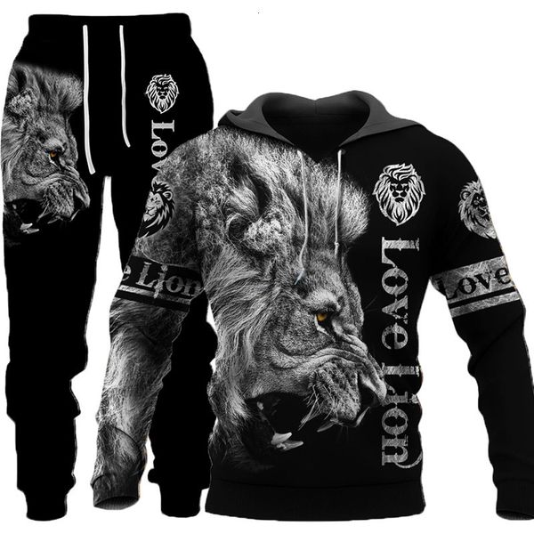 

men's tracksuits 3d printed tiger suit sweatshirt pants lion hoodie sportswear jacket pullover autumn winter 221206, Gray