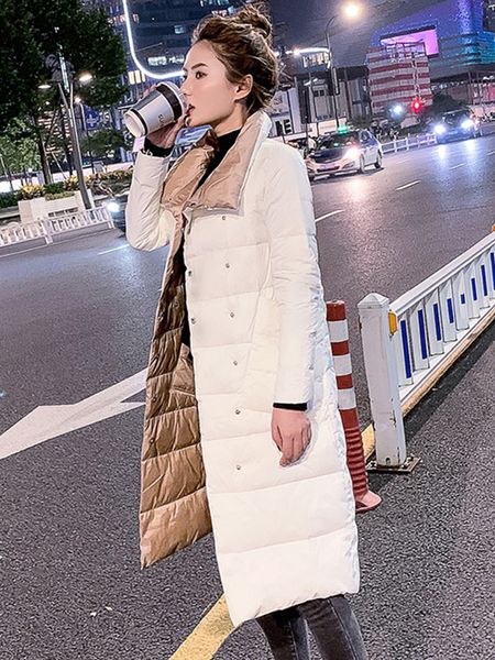 

women's down parkas ftlzz women double sided long jacket winter 90% white duck coat breasted warm snow outwear 221205, Black